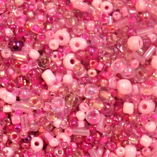 Pink Mixed Seed and Bugle Glass Beads x 25g bag.  Mixed Size Beads. Sewing, Embroidery, Embellishments. Crafts. Creative Crafts