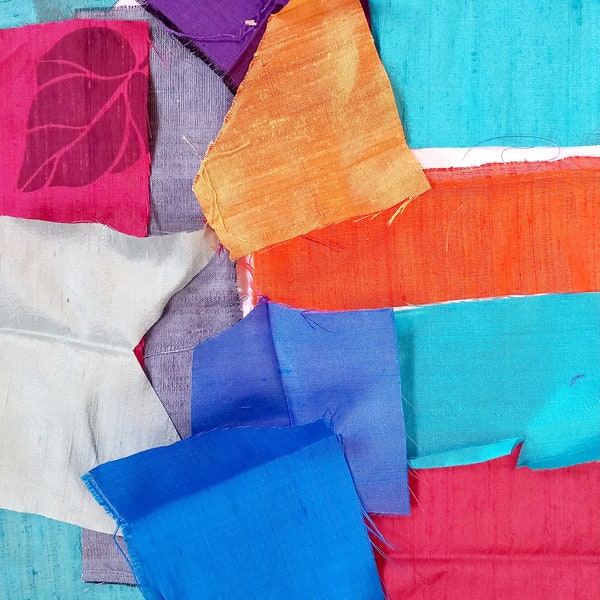 Mixed Dupion Silk Offcuts. Mix of colours and sizes. Crazy patchwork, applique, small projects, creative embroidery, crafts.