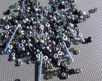 Black and Grey Mixed Seed and Bugle Glass Beads x 25g bag. Winter Bead Mix Mixed Size Beads. Sewing, Embroidery, Embellishments.