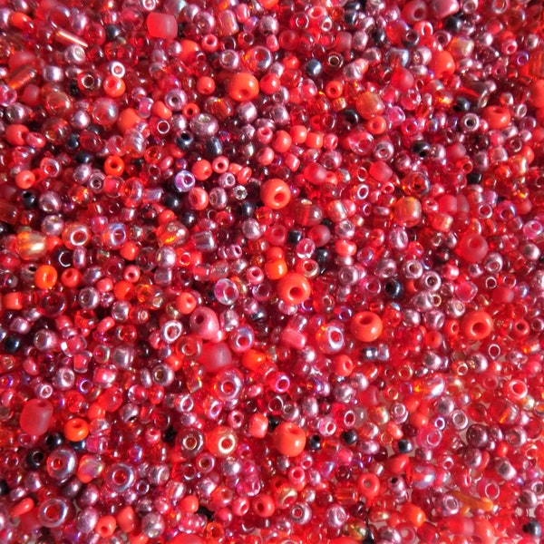 Red Mixed Glass Seed Beads x 25g bag.  Mixed Size Beads. Sewing, Embroidery, Embellishments. Crafts. Creative Crafts. Creative Textiles.