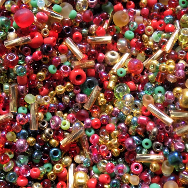 Christmas Mixed Seed and Bugle Glass Beads x 25g bag. Festive Mixed Size Beads. Sewing, Creative Textiles, Embroidery, Craft. Seed Beads