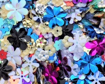 Mixed Flower Sequins x 20g. Flower shape sew on sequins.  Mixed colours and sizes.  Embroidery Embellishments. Sequin Flowers.