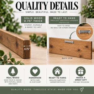May include: A rectangular solid wood board with a natural brown finish, measuring 0.75 inches in thickness. The back features a pre-installed metal sawtooth hanger. Text on the image includes Quality Details, Solid Wood, and Ready to Hang.