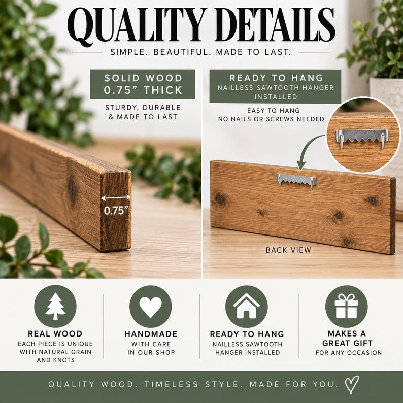 May include: A rectangular solid wood board with a natural brown finish, measuring 0.75 inches in thickness. The back features a pre-installed metal sawtooth hanger. Text on the image includes Quality Details, Solid Wood, and Ready to Hang.