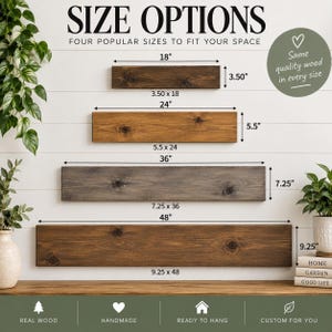 May include: Four rectangular wooden shelves in varying sizes with visible wood grain and knots. Dimensions labeled as 3.50 by 18 inches, 5.5 by 24 inches, 7.25 by 36 inches, and 9.25 by 48 inches. Text includes SIZE OPTIONS, FOUR POPULAR SIZES TO FIT YOUR SPACE, and SAME QUALITY WOOD IN EVERY SIZE.