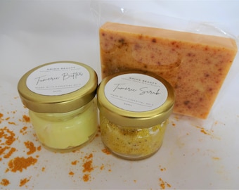 Set de jabón de cúrcuma, exfoliante corporal de cúrcuma, set de regalo para mujeres, caja de regalo para el cuidado corporal natural, crema iluminadora para rostro y cuerpo, humectante natural.