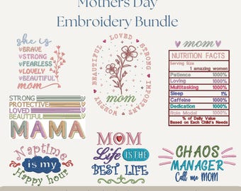 Mother's Day Embroidery Design Bundle | Digital Download Mom Gift Pattern Set for T-Shirts Towels Home Decor in Multiple Sizes
