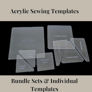 May include: A set of clear acrylic sewing templates for quilting. The templates include various sizes of squares and triangles, including a 4-inch finished square, a 2-inch finished square, and a 2-inch finished triangle.