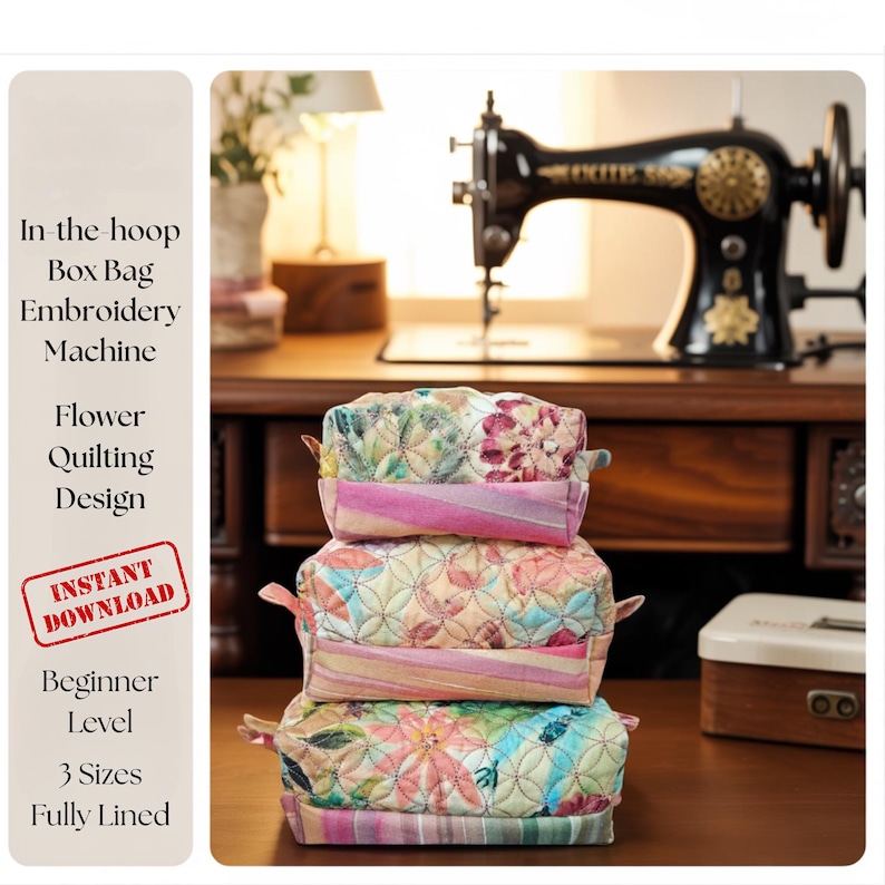 In The Hoop Machine Embroidery Pattern Floral Quilted Bag DIY Cosmetic Bag Zipper Makeup Travel Organizer Box Bag Embroidery Pattern image 1