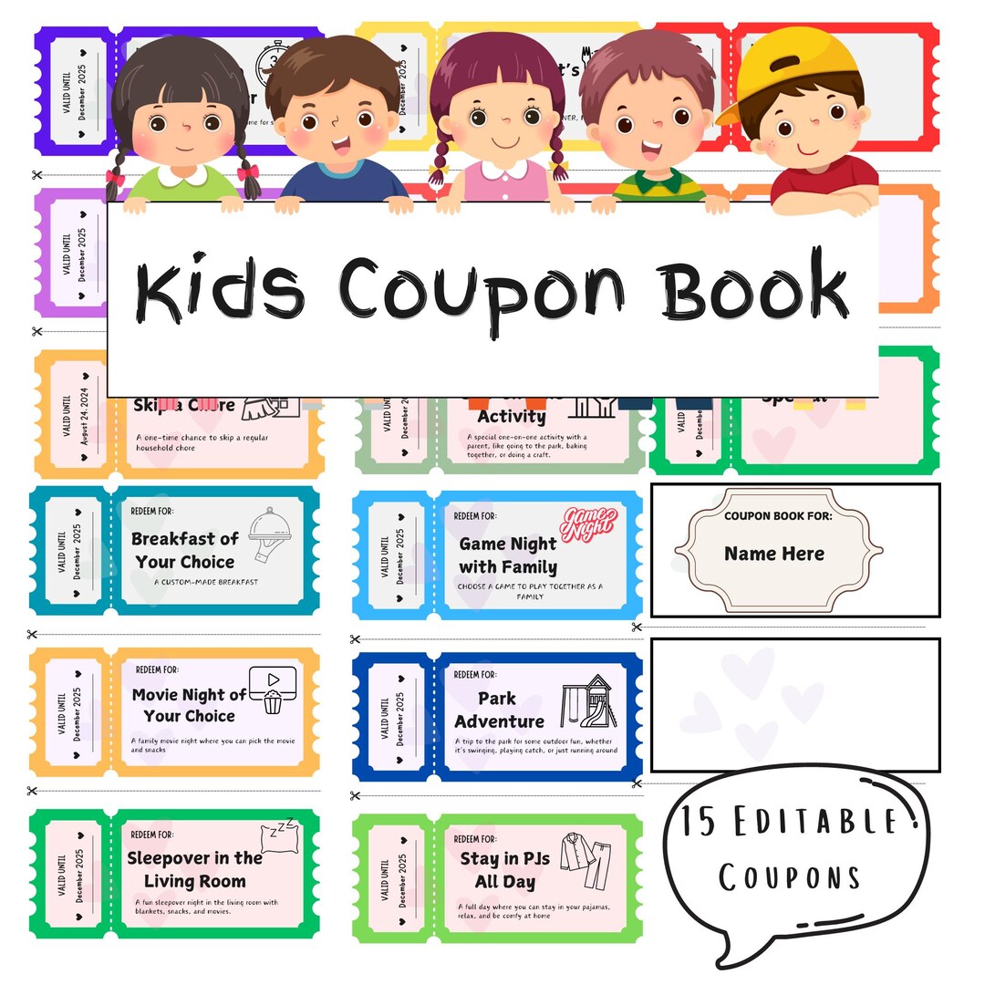 Editable Kids Reward Coupon Book Printable Customizable Birthday Coupon
