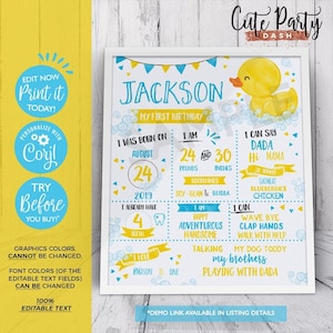 DESCARGA INSTANTÁNEA, Letrero de pizarra de cumpleaños EDITABLE con forma de patito de goma Letrero de cumpleaños con forma de patito de goma amarillo, imprimible, azul, amarillo, corjl 429