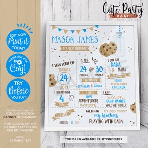 INSTANT DOWNLOAD EDITABLE Milk and cookies First Birthday Chalkboard Sign, Boy 1st Birthday, Printable baby milestone, corjl chalkboard 202