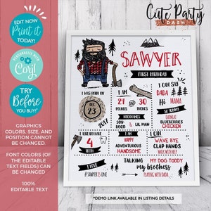 INSTANT DOWNLOAD - EDITABLE Lumberjack First Birthday Chalkboard Sign 1st Birthday Sign Lumberjack birthday party corjl milestone sign