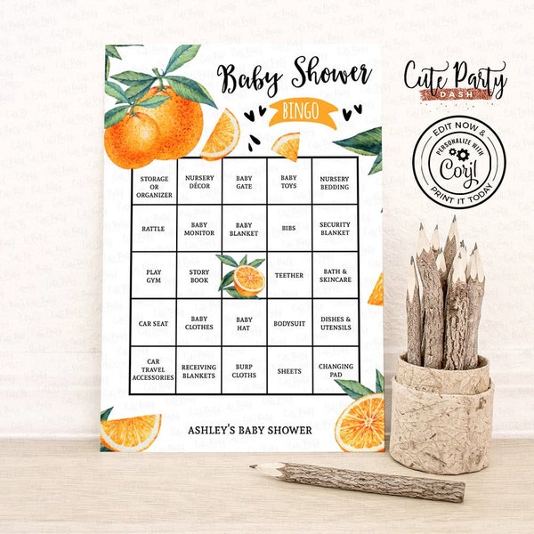 Editable A Little Cutie is on the Way Baby Shower Game Bingo Card, Clementine Orange Baby Shower Corjl printable game INSTANT DOWNLOAD 219