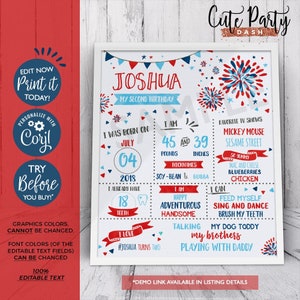 INSTANT DOWNLOAD, EDITABLE Red White and Two 4th of July birthday Chalkboard Sign, milestone Independence Day, second birthday corjl 453