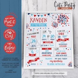 INSTANT DOWNLOAD, EDITABLE 4th of July First Birthday Chalkboard Sign, 1st Birthday Printable baby milestone Sign, corjl fireworks sign, 453