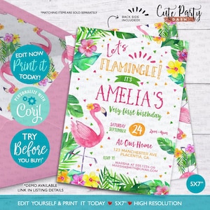 INSTANT DOWNLOAD Flamingo Corjl Invitation, EDITABLE Flamingo Birthday Tropical invite Pool Party Summer Tropical leaves Let's Flamingle 489