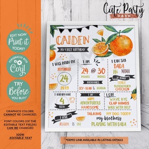 Editable Little Cutie birthday Chalkboard Sign, Clementine Orange Gender Neutral birthday milestone sign, Citrus Corjl INSTANT DOWNLOAD 482