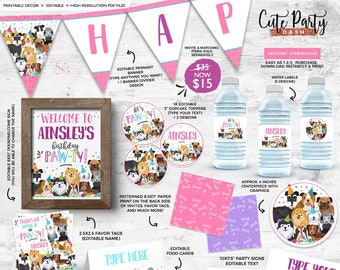 Puede incluir: Decoraciones de fiesta imprimibles para una fiesta de cumpleaños con temática de perros. El conjunto incluye un cartel de bienvenida, una pancarta de banderines, adornos para cupcakes, etiquetas para botellas de agua, etiquetas de regalo, tarjetas de comida y carteles de fiesta. El diseño presenta un esquema de color rosa y morado con ilustraciones de perros que llevan sombreros de fiesta.