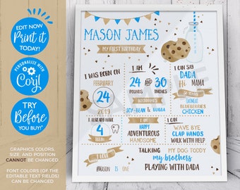 Op de afbeelding: Een blauwe en bruine printbare mijlpaalposter voor de eerste verjaardag voor een jongen genaamd Mason James. De poster heeft een koekjes-thema en bevat details zoals zijn gewicht, lengte en favoriete etenswaren. Er staat ook "Ik hou van #Mason is één".