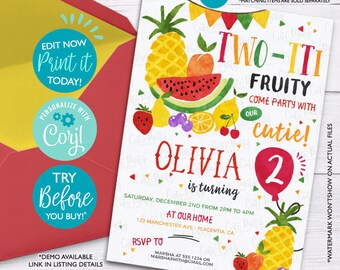 Tutti Frutti Birthday Invitation: Editable Two-tti Fruity Party (Digital Download)