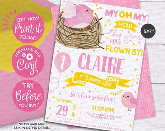 Invitación de cumpleaños de pájaro: acuarela rosa y amarilla, editable (descarga digital)