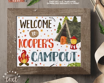 Välkomstskylt för campingfödelsedag: Redigerbar campingfestdekoration (digital nedladdning)