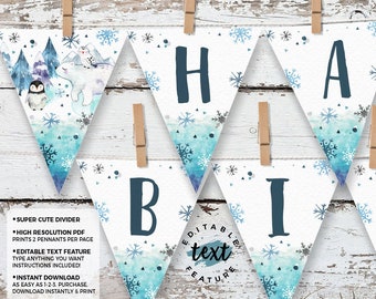 May include: Printable winter-themed banner with the word "HI" and a polar bear and penguin illustration. The banner is white with blue and gray watercolor accents and snowflakes. The text "Editable Text Feature" is also included.