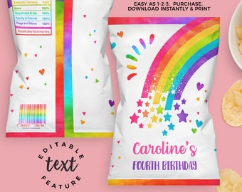 Può includere: Design di sacchetto di patatine fritte stampabile con un arcobaleno con stelle e il testo "Caroline's Fourth Birthday". Il design è modificabile e include istruzioni per la personalizzazione.