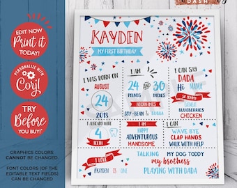 4th of July First Birthday Chalkboard Sign, Fireworks Printable (Editable, Instant Download)