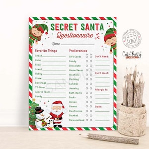 Weihnachten Secret Santa Fragebogen, druckbare Secret Santa Form, Feiertage Wunschliste Vorlage, Geschenk Austausch Fragen INSTANT DOWNLOAD 600