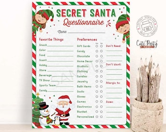 May include: A printable Secret Santa questionnaire with a red and green striped border. The questionnaire asks for favorite things and preferences, including snack, color, food, scent, hobby, store, beverage, TV show, sports team, candy, gift cards, candy, chocolate, home decor, alcoholic, clothing, candles, jewelry, bath items, socks, gloves, games, electronics, blanket, and personalized. The questionnaire also asks for allergies and sizes.