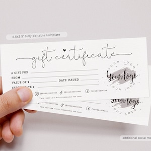 Plantilla editable de certificado de regalo profesional, DESCARGA INSTANTE, Agregue su logotipo, Vale de regalo editable imprimible Blush Pink Corjl BU001