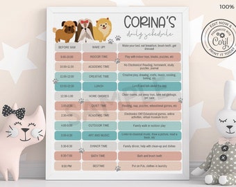 Peut inclure: Un modèle d'horaire quotidien imprimable avec un schéma de couleurs rose, bleu et vert. Le modèle présente une illustration de chien de dessin animé mignon et le texte "CORINA'S daily schedule".