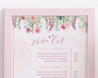 Greenery Pink and Gold Floral Price List Template editable, INSTANT DOWNLOAD Printable Price Sheet, Guide, Custom Pricing Menu, Corjl BU021
