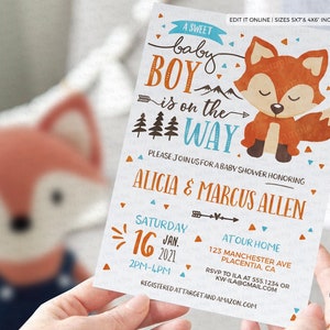 INSTANT DOWNLOAD, Fox Baby Shower invitation, Watercolor Fox baby boy shower, Woodland Fox Co-ed couples shower corjl Invitation 217