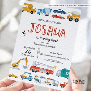 May include: A printable birthday invitation featuring a colorful illustration of construction vehicles and the text "HONK, BEEP, VROOM JOSHUA is turning two!"  The invitation includes the date, time, and location of the party.