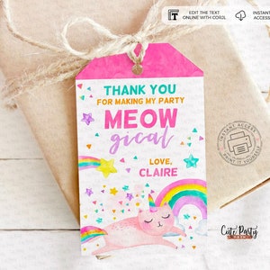 Caticorn Birthday Party Favor Tags: Editable Rainbow Cat Unicorn (Digital Download)