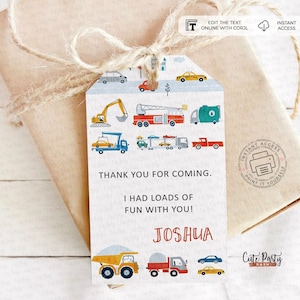 Editable Transportation Birthday Favor tag, Printable truck car birthday theme , INSTANT DOWNLOAD,City Transportation party decor #509 label