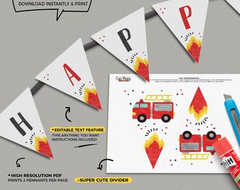 Fireman Birthday Banner: Editable Firetruck Party Decorations (Instant Download)
