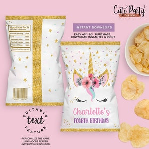 May include: Editable printable chip bag template featuring a unicorn with a floral crown and the text "Charlotte's Fourth Birthday". The bag is decorated with gold glitter and stars.