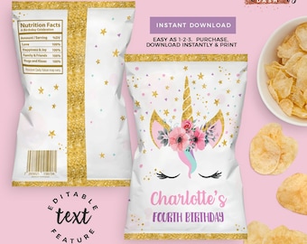 INSTANT DOWNLOAD, EDITABLE Gold Unicorn floral Printable Chip Bag Unicorn Candy Bag Rainbow Unicorn Party Favors Unicorn Chip Wrapper 488