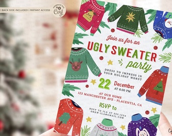 May include: A white invitation card with a festive design featuring colorful Christmas sweaters with various patterns. The text on the card reads "Join us for an Ugly Sweater Party" with the date and time of the party.