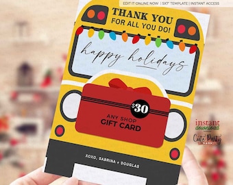 May include: A yellow school bus with a red gift box and a $30 gift card inside. The bus is decorated with Christmas lights and the text "Thank you for all you do! Happy Holidays".