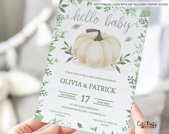Peut inclure: Une citrouille blanche avec des feuilles vertes et le texte "hello baby" sur un fond blanc. Le texte "Please join us for a baby shower honoring Olivia & Patrick" est sous la citrouille. La date et l'heure de l'événement sont indiquées comme "September 17, 2PM-4PM". Le lieu est indiqué comme "At the Gail's Residence, 123 Manchester Ave - Placentia, CA".