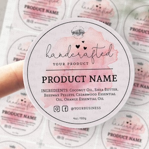 Watercolor Round Product Label Template: Pink Gold Jar Stickers (INSTANT DOWNLOAD)