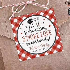 Editable Adding Smore love to our family tag, BBQ Baby Shower, Red Gingham Baby Q decorations, S&#39;more gift Tags 201 INSTANT DOWNLOAD