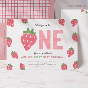 Berry First Birthday invitation digital Strawberry Printable invite Editable Berry Sweet One Girl birthday party INSTANT DOWNLOAD 408