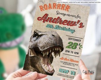 Dinosaurier-Geburtstagseinladung Sofort-Download, T-Rex Party Dino-Mite druckbare Einladung Vintage Dinosaurier einladen, bearbeitbares Corjl, digital 476