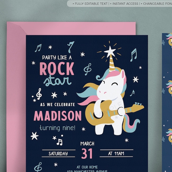 INSTANT DOWNLOAD Rock Star Unicorn Party Invitation, Girl Rock Guitar Birthday Editable Rockstar corjl Invitation Pop Star Rock n' roll #498